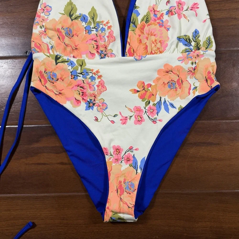 Maaji Size Medium Blue Floral Reversible Tie Safari One Piece Swimsuit